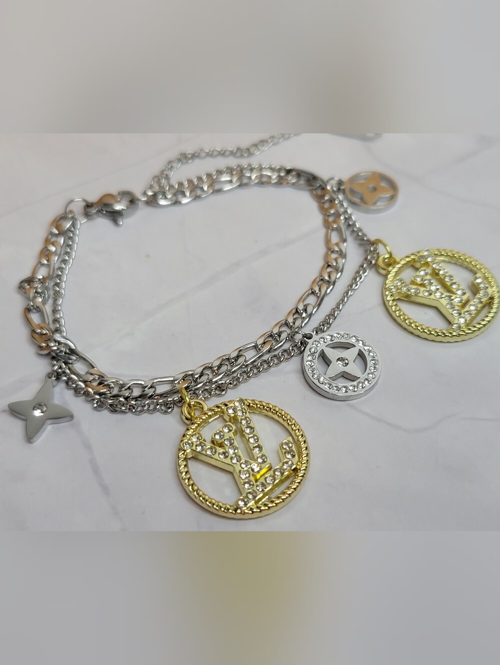 Stainless Steel Silver & Gold LV Crystal Zip Pull Bracelet
